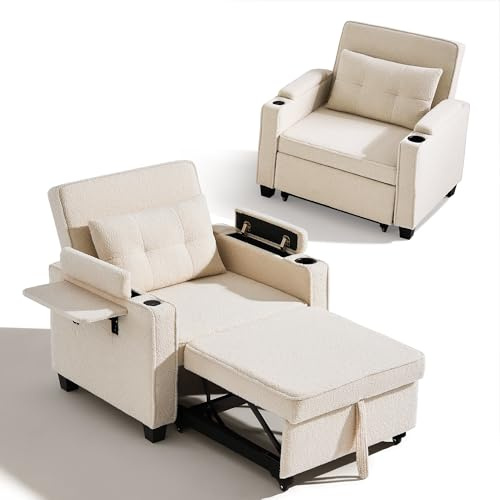 CLIPOP 1PC Boucle Single Sofa Bed 3-in-1 Recliner Pull-Out Sofa Armchair with USB Ports, 3-Position Adjustable Backrest (105°-160°), Storage Space & Cup Holder (cream boucle, single sofa)