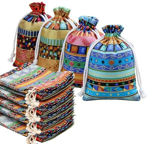 BQRKOTM 12 Stück Jutesäcke im ägyptischen Ethno-Stil, leichte Geschenktaschen, atmungsaktive Schmuckbeutel mit Kordelzug, für Regalos de viaje, Geburtstag, Bastelarbeiten (10 x 14 cm)