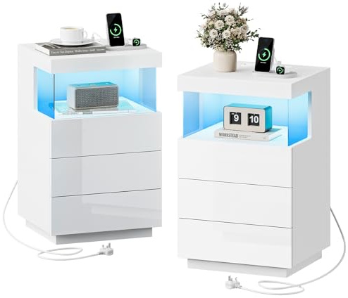 Dripex LED Bedside Table 2-Pack, Charging Station, 2 AC & 2 USB, White | 2-Pack 40 x 35 x 63cm, 2 AC Outlets & 2 USB Ports, App & Remote LED, Music Sync, 3 Drawers, Bedside Cabinet