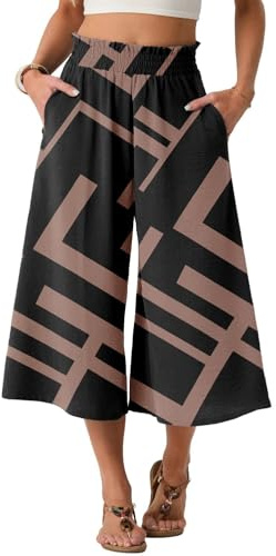 PrinStory Pantaloni a gamba larga da donna UK, pantaloni capri a vita alta elasticizzati, pantaloni palazzo casual, pantaloni culottes larghi e comodi, L