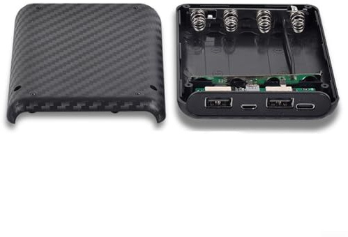 Caja de batería – Caja de batería portátil de 4 ranuras para baterías recargables de cabeza plana de 3.7 V, carcasa ABS con salida dual USB 5V/2.4A y tipo C/para Micro-USB (negro 5V 2.4A)