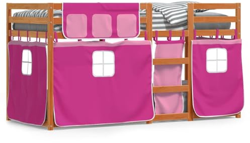 Yisssmeng Etagenbett Kiefer Massivholz 90x190 Rosa Vorhänge Spielbett mit Rausfallschutz Leiter für Jugendzimmer und kleine Räume