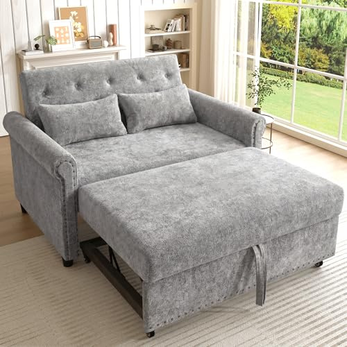 Merax Ausziehbares Schlafsofa 2-Sitzer Sofa mit Schlaffunktion, 170x120 cm, 3-in-1 Schlafcouch mit Verstellbarer Rückenlehne, Chenille-Stoff, Kleines Sofabett, Klappsofa für Wohnzimmer/Wohnung, Grau