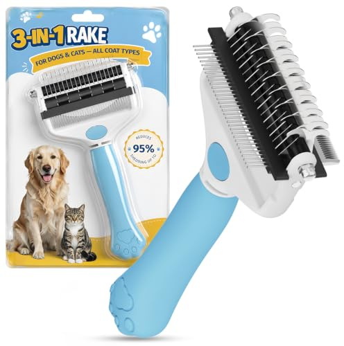 Zivacate 3-en-1 Brosse pour Chien & Chats à Poil Long, Râteau Double Face (17+9 Dents), Poignée Ergonomique, Brosse Chien Poil Long Inox, les Tapis et les Cheveux Emmêlé - Bleu