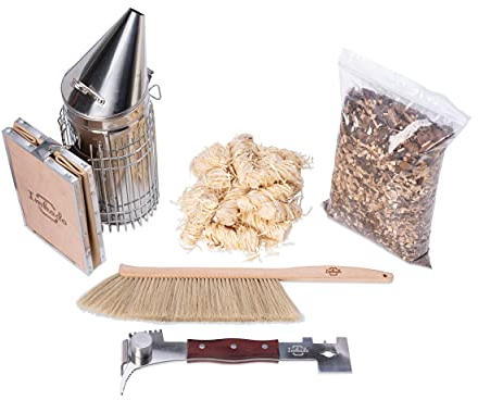 Imker Werkzeug Set XL - Smoker, Bienenbesen, Multifunktionswerkzeug, Rauchstoff und Bio-Anzünder