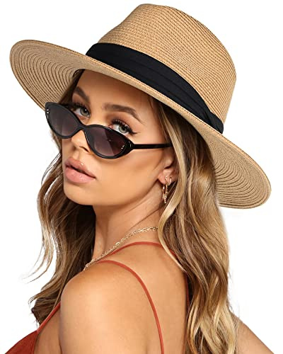 FURTALK Sun Hats for Women Men Adjustable Summer Panama Fedora Wide Brim UPF 80+ Foldable Packable Straw Beach Hat, Khaki-Black Ribbon, M-L
