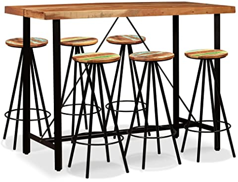 vidaXL Akazie Massiv Barset 7-TLG. Altholz Bartisch Barstuhl Hocker Stehtisch