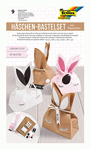 folia 41291 - Bastelset Häschen aus Papiertüten, zur Gestaltung von 9 Häschen, mit Anleitung, ideal als Geschenktüten für kleine Naschereien