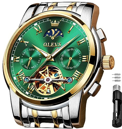 OLEVS Green Men's Automatic Mechanical Watches Luxury Dress Waterproof Self Winding Moon Phase Chronograph Stainless Steel Luminous Date Tourbillon Wristwatch for Men