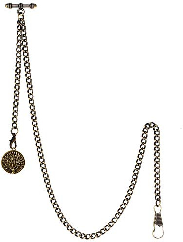 TREEWETO Taschenuhrkette mit T Bar Endstück Albert T-Bar Taschenuhr Kette mit Antiker Lebensbaum Anhänger und 2 Haken für Weste Knopfloch
