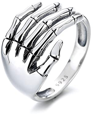 Vintage Skull Hand S925 Sterling Silver Open Band Ring for Women Girls Men Statement Adjustable Expandable Oxidized Gothic Skeleton Devil's Talons Small Tail Finger Pinky Rings Unisex Jewelry Birthday