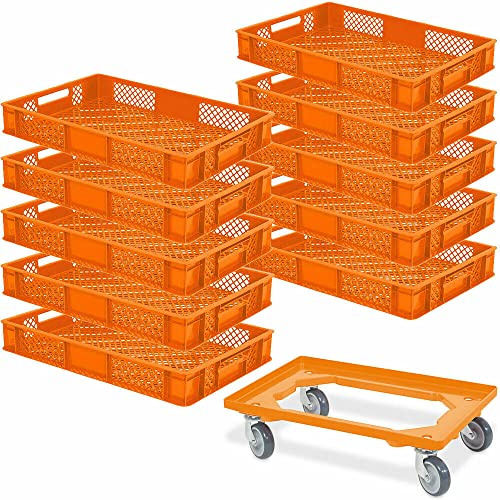 BRB 10 Eurobehälter, LxBxH 600x400x90 mm, Industriequalität, lebensmittelecht + 1 Transportroller (orange/orange)