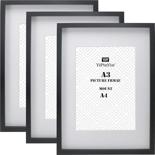 Black A3 Picture Frames Set of 3 – A3 Boxed Gallery Frames with Acid-Free Mount for A4 Photos, Matte Black Wooden Photo Frames for Wall Mount,Shatterproof Acrylic,Gift Boxed