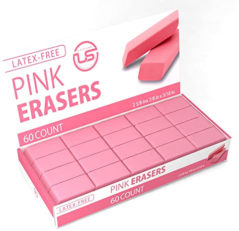 Pink Erasers, 60 Count Rectangular Eraser Bulk Pack, Latex Free Pink Pearl Erasers for School Supplies, Art and Office