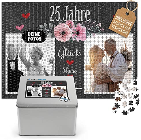 Foto-Puzzle selbst gestalten - 25 Jahre Glück - mit Namen, Datum und 2 Fotos personalisierbar, Geschenk zur Silberhochzeit | personalisiertes Geschenk, 2000 Teile, inkl. Metalldose