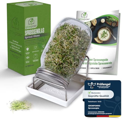 growpowr® → 950ml Sprossenglas mit extra großer Öffnung & Safe Coating - inkl. Sprossenguide (Anleitung,Tipps,Rezepte) Das Keimglas für Sprossen