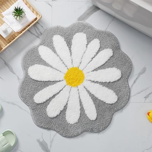 Bonita alfombra de baño, alfombra de flores rosas, alfombrilla antideslizante de absorción de agua, suave para lavar a máquina para dormitorio, cocina, baño, inodoro (gris)