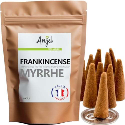 10 Räucherkegel Frankincense & Myrrhe – Räucherkegel, 100 % natürlich, Entspannung, Meditation, Reinigung + gratis Räuchergefäß NCA
