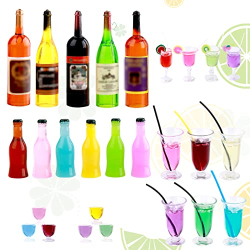 TIESOME 27 Pezzi Bottiglie di vino e bicchieri in miniatura per la casa delle bambole Mini bicchieri da cocktail Accessori da cucina per la casa delle bambole Mini bottiglie di champagne