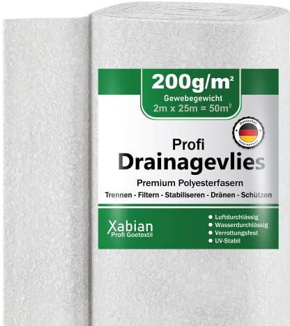Xabian Drainagevlies 200g/m² 300g/m² 500g/m² Filtervlies 2m x 25m = 50m² - Trennvlies ideal für Drainage - hohe Haltbarkeit - ideal auch als Trennvlies, Poolvlies, Teichvlies