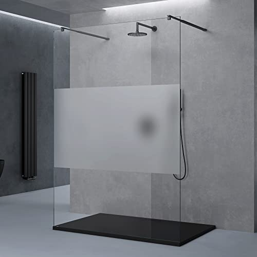 doporro Parete Doccia Walk-In Fissa 150x200 cm con 2 Barre Telescopiche | Vetro Temperato con Fascia Satinata 8 mm, Profilo Nero Opaco 0-20 mm, 2 Supporti Inox 70-120 cm, Anticalcare EasyClean