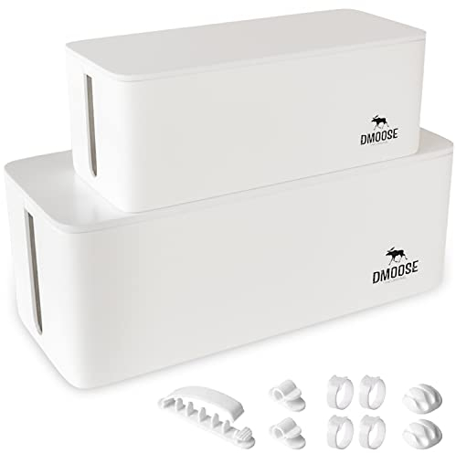DMoose Kabelbox - 2er Pack kabelbox weiß aus ABS-Kunststoff - kabelbox mit steckdosenleiste Inhaber und kabelsammler - Kabelmanagement Box Groß & Klein, Kabel verstecken mit steckdosenbo
