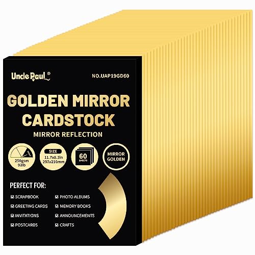 Carta cartoncino A4 Golden Mirror, 60 fogli 250gsm/92Ib Carta riflettente metallizzata per artigianato, cartoncino in alluminio per progetti fai da te UAP19GD60