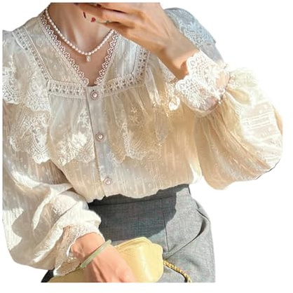 FRESQA Vintage français Femmes Chemises Dentelle Lolita élégant à Manches Longues Volant Blouse Bureau Dame Nouvelle Mode Chic Femme Hauts