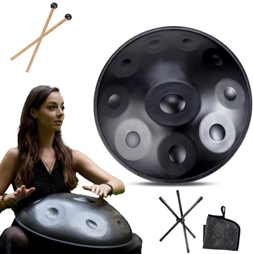 Handpan Instrument - 432Hz/440Hz 9/10/ 12 Noten - 55cm Stahl Zungentrommel - Handtrommel Mit Trommelständer Für Klangheilung (Size : 440Hz, Color : BLACK_10 NOTES)
