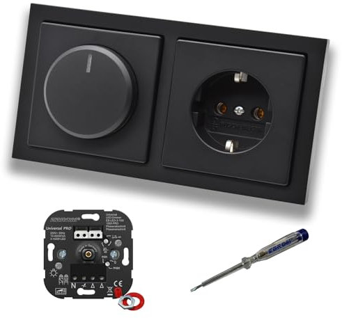 EBROM 1002 Universal PRO LED Drehdimmer Dimmer + Busch Jäger Dimmerscheibe 6540-885-102 und Steckdose 20EUC-885 in Future Linear Schwarz matt inklusive EBROM Phasenprüfer zur Montage der Geräte