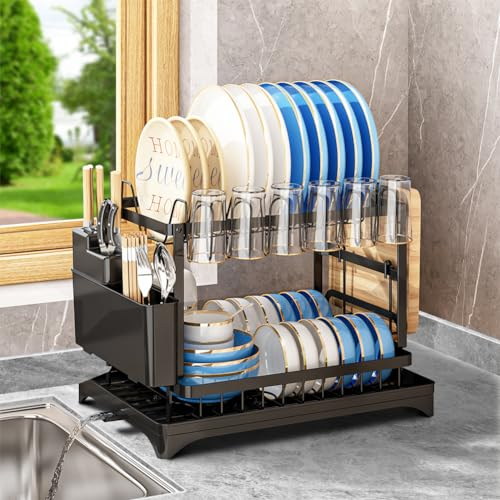 AIQII 2-stufiges Abtropfgestell Geschirr Geschirrabtropfgestell Geschirrabtropfgestellmit Abtropfmatte und Besteckkorb Geschirr Abtropfständer Geschirrtrockner für Küche, Dish Drying Rack Drainer