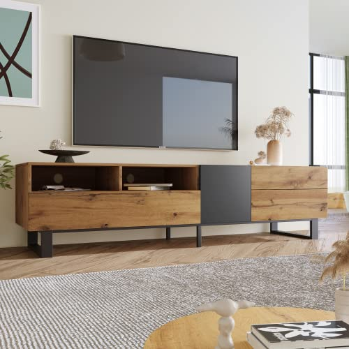 Rtopsu TV-Schrank 180 cm Länge, Fernsehtisch Lowboard für Fernseher bis zu 80 Zoll, TV Lowboard Fernsehschrank mit 2 Türen und 2 Stauraum Schubladen für Wohnzimmer Esszimmer Schlafzimmer, Holz, Natur