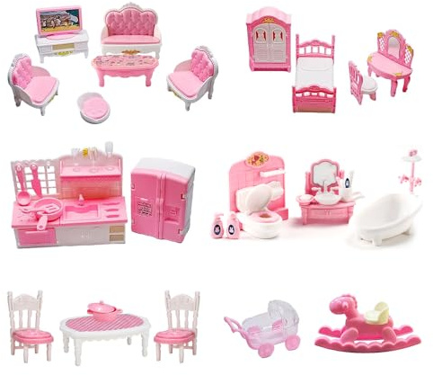 JOAASU Set di Mobili per Casa delle Bambole, 34 Pezzi Set di Mobili Casa Bambole, Miniatura Modelli di mobili per Case delle Bambole, Tra Cui Cucina, Soggiorno, Camera da Letto e Bagno