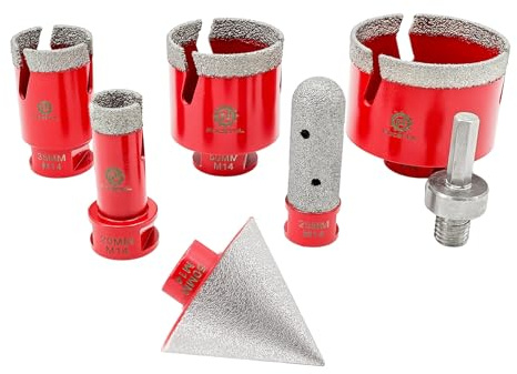 FOCSTOL Diamond Drill Bit Set - Tile Hole Cutter Set 7pcs (20/35/50/68mm+50mm Beveling Chamfer Bit+20mm Finger Milling Bit+Hex), Diamond Hole Saw Set for Porcelain Ceramic Tile Marble Granite
