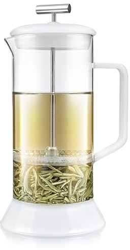 Teabloom Toulouse Borosilicate Glass Tea Press and Coffee Maker with No Plastic, 24-Ounce (700 mL) - Frost White