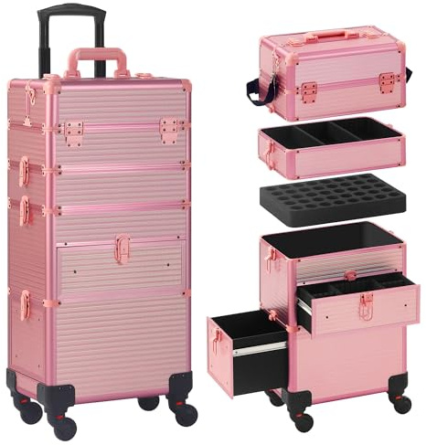 Somduy Rolling Makeup Case with Drawer, Makeup Train Case, 4 in 1Cosmetology Case on Wheels, Christmas Gift, Large Makeup Case Organizers, Profesional Cosmetic Case for Salon Barber, Light pink