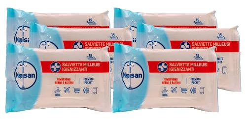 Salviette Milleusi Igienizzanti, Formato Pocket. Rimuovono Germi e Batteri, Non Rilasciano Odore Eccessivo, Efficaci Sulle Superfici. Confezione Da 15 Salviette (6 Confezioni)