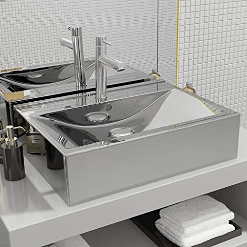 ShGaxin Lavabo con rebosadero, Lavabo sobre Encimera, Lavabo Baño, Muebles De Baño, Mueble Lavabo, cerámica Plateado 60x46x16 cm