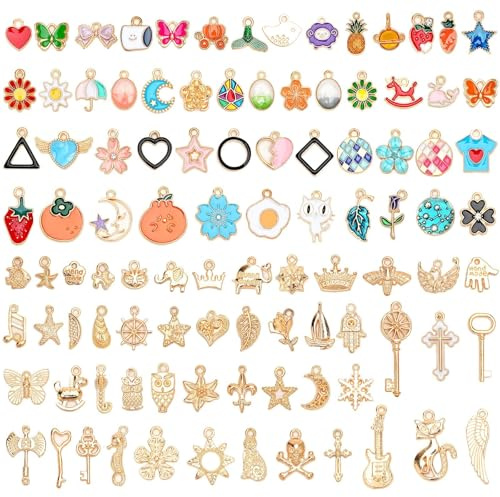 SANNIX Charm for Jewelry Making, 100Pcs Assorted Bracelet Charms Assorted Gold Enamel Charm Pendants Bracelet Necklaces Earrings Crafts