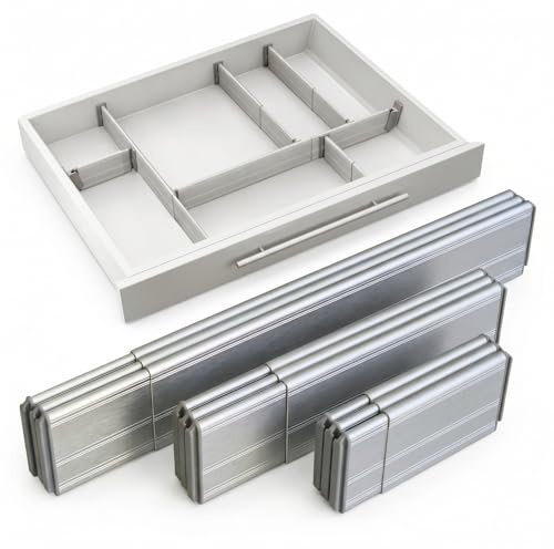 PRACTICAL COMFORT Anpassbares Fächersystem aus Aluminium für flache Schubladen – ausziehbare Schubladentrenner & Schubladenteiler (Teleskop) – 6 cm Höhe – 9-tlg. (3L+3M+3S) – Silber