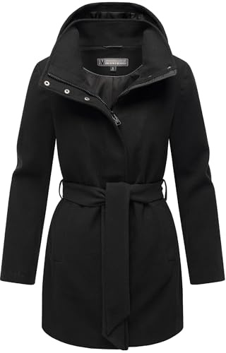 MARIKOO Damen langer Trenchcoat warme Übergangsjacke in Woll-Optik mit abnehmbarer Kapuze Katalinaa 16 Black Gr. M