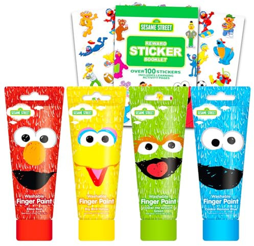 Sesame Street Fingerfarben-Set für Kleinkinder, Sesame Street Malset, 4 klassische Farben plus Aufkleber mit Elmo, großem Vogel, Krümelmonster und Oscar, Elmo-Malaktivität für Kinder
