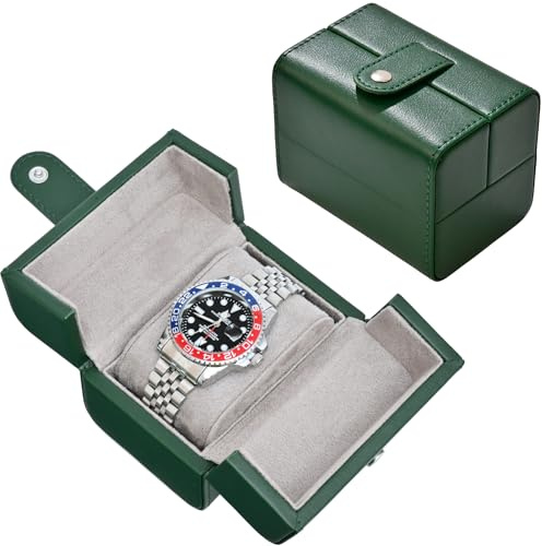 Single Watch Travel Case - Dual-Flap PU Leather Box with Velvet Lining | Protective Storage for Men & Women (Green)