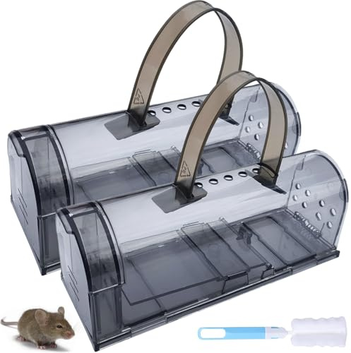 ODOOKON 2Pcs Trampa para Ratones con Cepillo de Limpieza Trampas Ratas para Interiores Sin Matar Ratonera Rata Viva Reutilizable con Orificio de Aire Sin Mecanismo de Liberación Táctil (Gris)