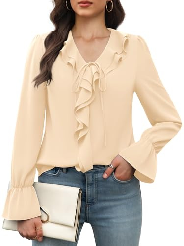 Funlingo Blouses for Women Long Sleeve Business Casual Dressy V Neck Ruffle Tunic Tops Fall 2025 Fashion Office Chiffon Work Shirts Beige L