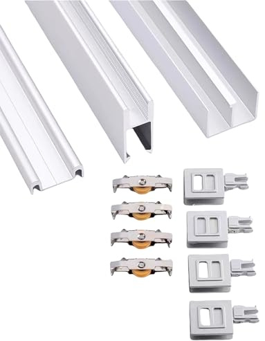 Dual Track Sliding Door Hardware Kit for 8mm Glass Cabinets/Bookshelves/Kitchens - Heavy-Duty Quiet Rollers, Smooth Gliding Track for Display Cabinets, Wardrobes & Closet Doors(Silver,39.4in/100cm)