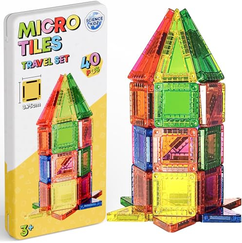 Science Kidz 40-Piece Mini Magnetic Tiles Travel Set With Storage Tin | 40 Magnet Building Tiles & Storage Tin - Magnetic Shapes for Kids - Aeroplane Activities Travel Toys - Ages 3 Years +