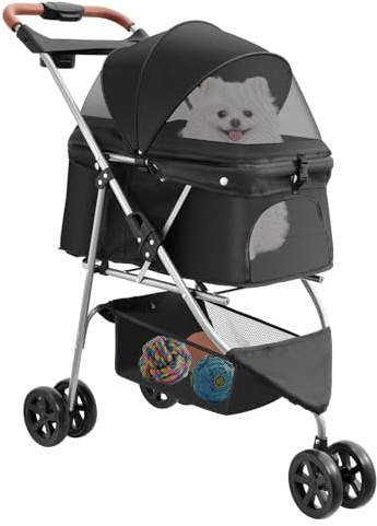 Hundewagen Hundebuggy Bis 15KG,Faltbarer Hundewagen mit Aufbewahrungskorb,Netzfenster,360° Schwenkbares Vorderrad,Hinterradbremsen,Hundebuggy Katzenwagen für Kleine und Mittle Hunde