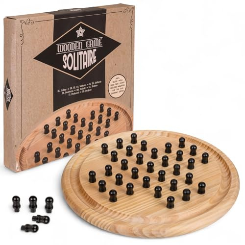 MIJOMA Holz Brettspiel – Schach, Dame oder Solitaire – Klassisches Spiel aus Holz, ca. 28,5x28,5 cm, Denkspiel für Kinder & Erwachsene (Solitaire)