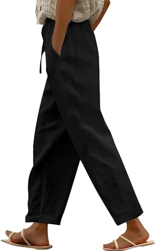 Generisch Sommer Leinenhose Damen 7/8 Leichte Freizeithose Casual Musselin Sommerhose Stoffhose Kordelzug Straight Leg Luftig Hose Mit Taschen